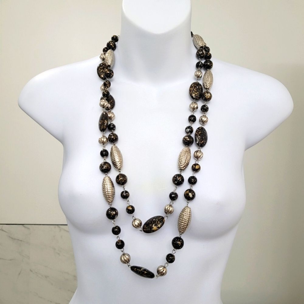 2/$20 Vintage Y2K Black & Copper Beads Silver Tone Long Necklace Length 60"